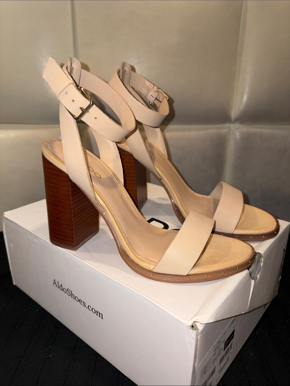 Aldo Neutral Beige Block Heel Ankle-Strap Sandals